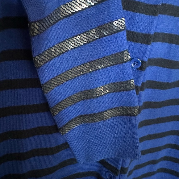 New Gap Blue/Black Stripe Sequins Button Up Knot Cardigan Seeater Women’s S - Picture 4 of 6